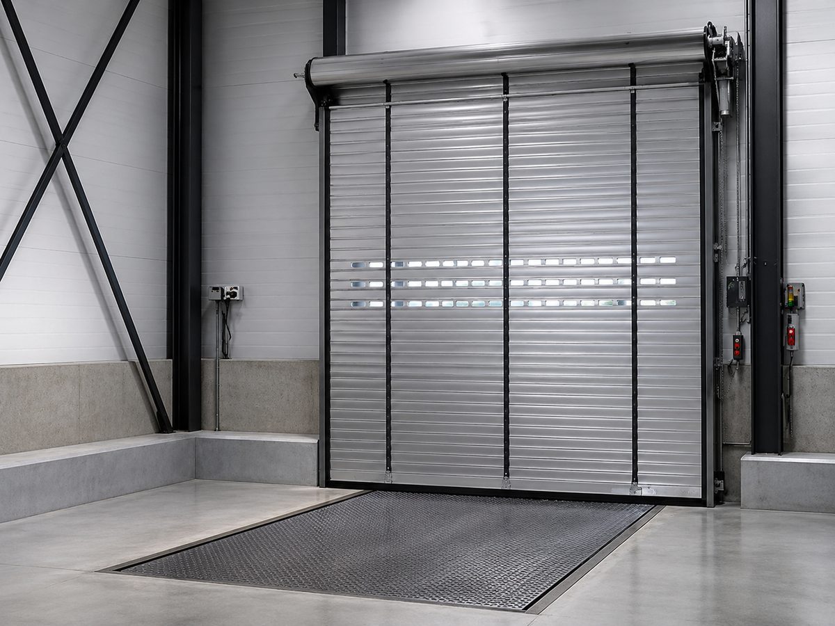 Ușă rulou ALU-ROL 80 mm, interior hală industrială, montată deasupra unei rampe